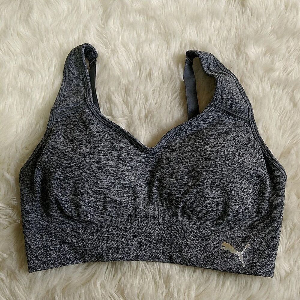 Puma Womens sz M‎ Sports Bra Heathered Gray Padded Wireless Pullover Adjustable